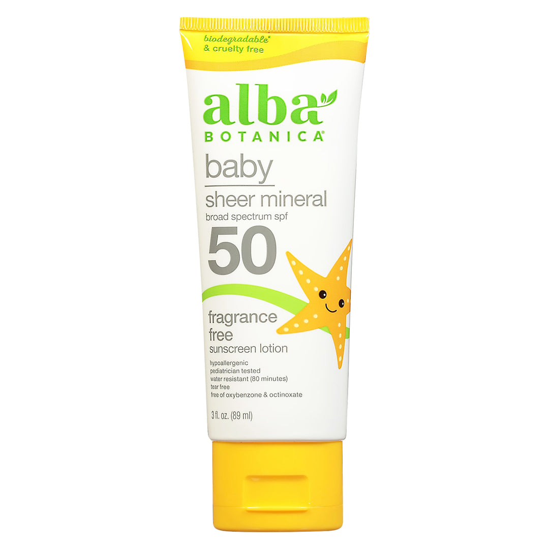 Alba Botanica Sunscreen Lotion Baby Sheer Mineral Fragrance Free Broad Spectrum SPF 50 1/3 FZ [UNFI #2926632] T