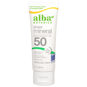 Alba Botanica Sunscreen Lotion Sheer Mineral Fragrance Free Broad Spectrum SPF 50 1/3 FZ [UNFI #2926574] T