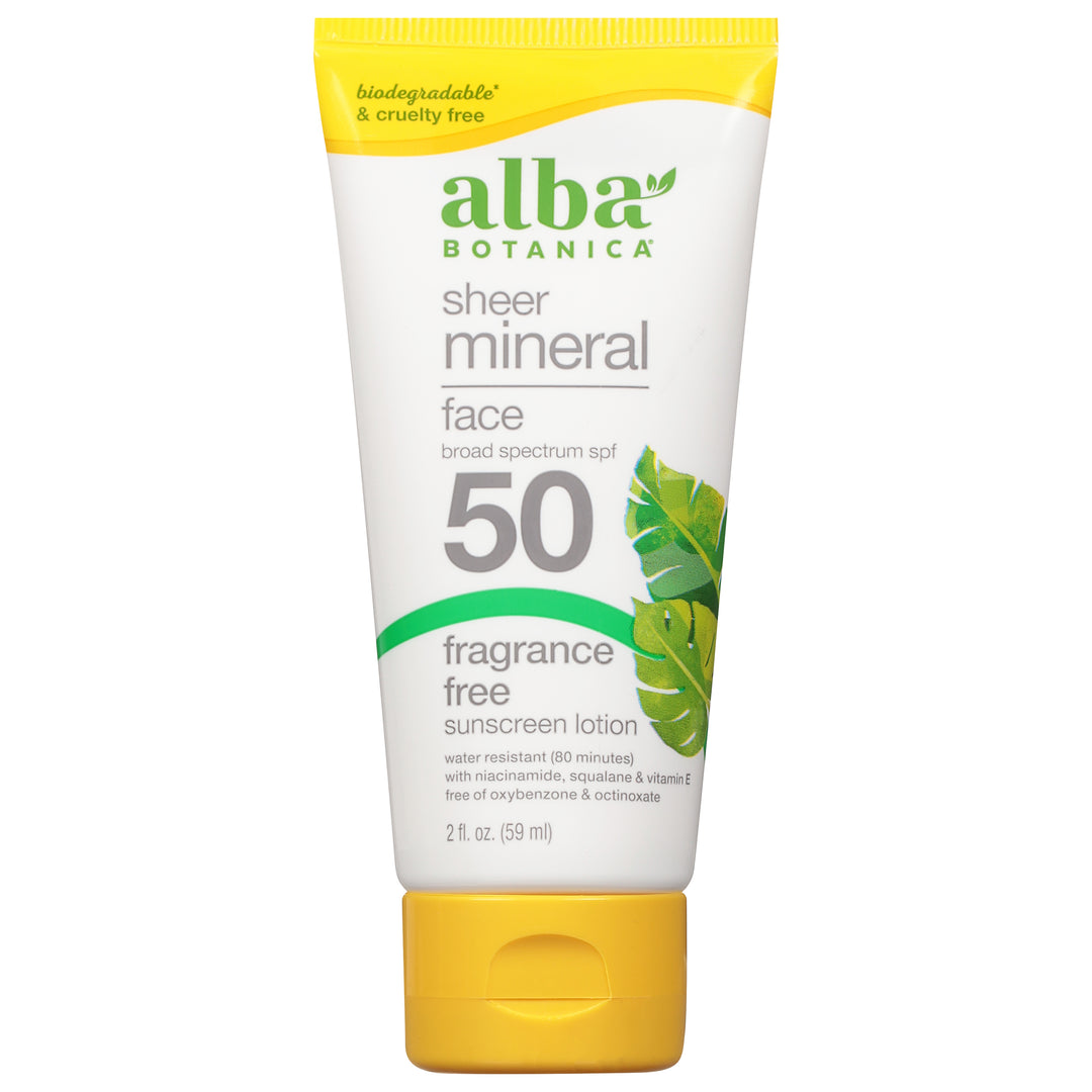 Alba Botanica Sunscreen Lotion Sheer Mineral Fragrance Free Face Broad Spectrum SPF 50 1/2 FZ [UNFI #2922615] T
