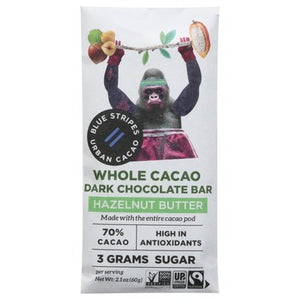 Blue Stripes Dark Chocolate Bar Whole Cacao Hazelnut Butter 12/2.1 OZ [UNFI #2865541] [ebt]